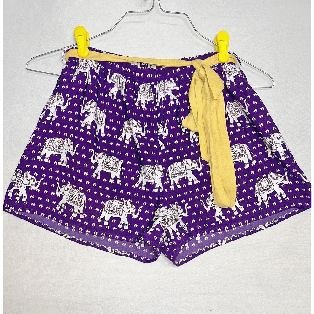 Pink Owl Purple Elephant Print High Waist Tie Shorts Boho S